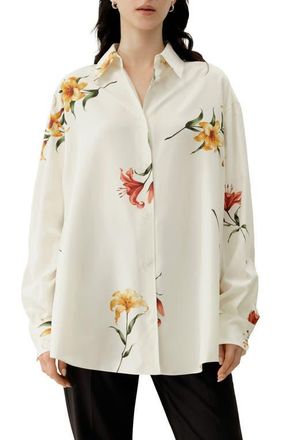 LilySilk Lily Print Silk Oversize Shirt in Lily White at Nordstrom, Size Small