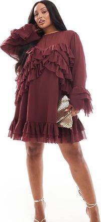 Asos Curve ASOS DESIGN Curve long sleeve ruffle tiered mini dress in burgundy