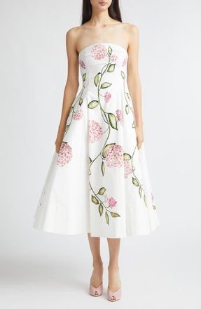Oscar De La Renta Porcelain Flowers Stretch Cotton Poplin Strapless Dress in Pink/White at Nordstrom, Size 4