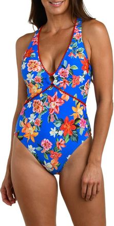 La Blanca Modern Plunge One-Piece Swimsuit in Blue Multi at Nordstrom, Size 10