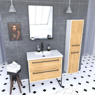 Aurlane Pack Mueble Ba&ntilde;o 80x50, 2 Cajones, Lavabo Blanco, Espejo Negro Mate,columna