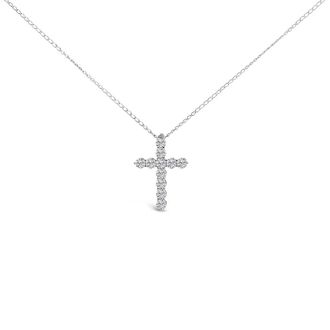 House of Brilliance 14K White Gold 1/2 Cttw Lab Grown Diamond 11 Stone Cross Pendant Necklace