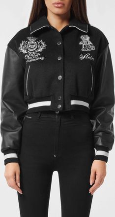 Philipp Plein Bomber varsity in lana e pelle con logo Teddy Bear ricamato