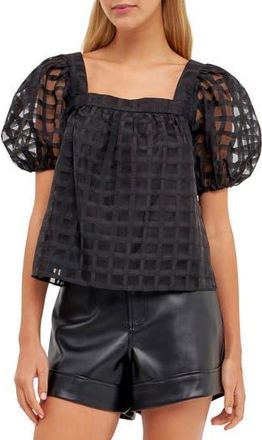 English Factory Grid Pattern Puff Sleeve Organza Top in Black at Nordstrom Rack, Size X-Small