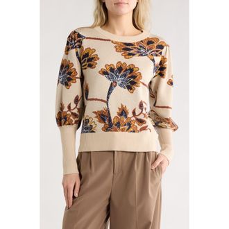 T Tahari Puff Sleeve Floral Jacquard Sweater in Ivory Bird at Nordstrom Rack, Size Small