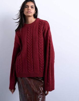 Topshop Maglione oversize a trecce e coste larghe color rosso profondo-Neutro