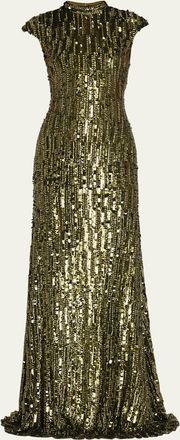 Naeem Khan Mock-Neck Cap-Sleeve Sequin Gown
