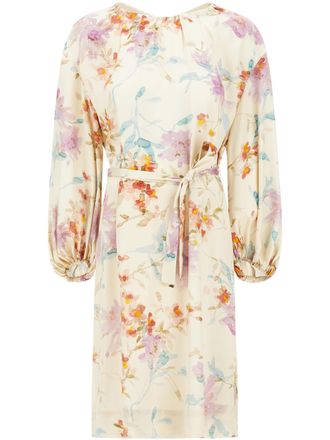 Herno Floral Print Dress with Puff Sleeves and Belted Waist