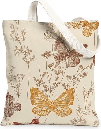 Generic Butterfly Floral Canvas Tote Bags, Nature Inspired Pattern Reusable Grocery Bags, Vintage Lightweight Washable Shoulder Str, Beige, 13x15 Inch