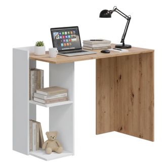 Dmora Escritorio Tucson, Escritorio Reversible Multiposici&oacute;n, Mesa De Estudio U Oficina Para Pc Con Balda Y Baldas, Cm 100x52h78, Nudos Blancos Y Roble, Con