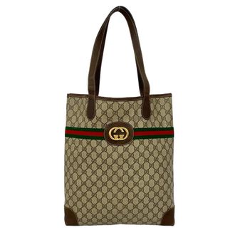 Gucci Brown Green Red Color Canvas Leather Handbag Tote Bag (Pre-Owned)