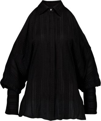Zeus + Dione Zwarte Off-Shoulder Geranium Textuur Zijden Shirt - Dames - Overhemden - Zwart - XS - Rayon - Overhemden