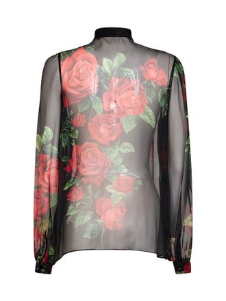 Dolce & Gabbana Silk Chiffon Rose Print Blouse - Black