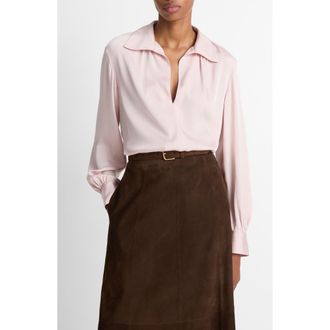Vince Placed Smocked Silk Blend Shirt in Balletto at Nordstrom, Size Xx-Small