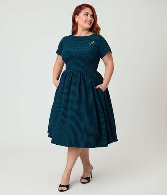 Unique Vintage Plus Size Smocked Back Swing Dress in Blue Daronfly Brooch Print at Nordstrom, Size 4 X