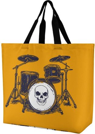 Generic Drum Set with Skull Large Reusable Shopping Bag Lightweight Foldable Tote Bags Washable Shoulder Handbag