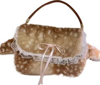 Generic Womens Plush Bags Fluffy Underarm Shoulder Bag Spotted Ribbon Plush,Women Purse,Winter Woodland Handbag(Shoulder bag)