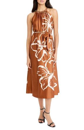 Maggy London Floral Halter Neck Belted Midi Dress in Burnt Sienna/Warm Camel at Nordstrom, Size 18