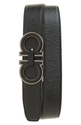 Ferragamo Double Gancio Saffiano Leather Belt in Nero Midnight at Nordstrom, Size 115