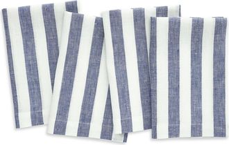 Solino Home Linen Dinner Napkins Set of 4, 20 x 20 Inch for Dining Table, Holiday and Everyday Table Decor - Sorrento Stripe in Navy And White at
