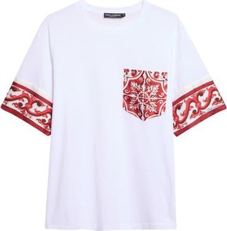 Dolce & Gabbana Majolica Print Cotton & Silk Pocket T-Shirt in I15Dq Maiolica 2L Rubino at Nordstrom, Size 46