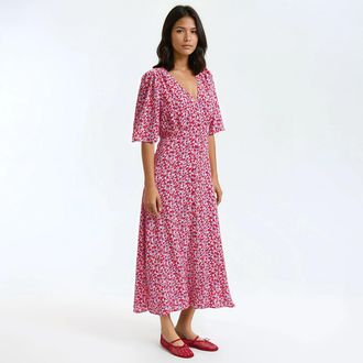 La Redoute Collections Wijde jurk met bloemenprint, lang, korte mouwen