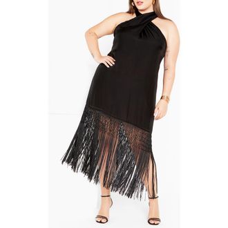 City Chic Calypso Fringe Maxi Dress in Black at Nordstrom, Size Xs