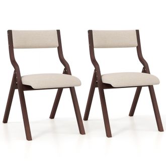 Costway Costway Set of 2 Padded Folding Chair Wooden Counter Dining Chairs W/ Linen Fabric Seat in Brown