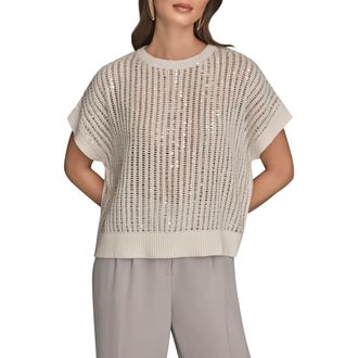DKNY Sequin Open Stitch Short Sleeve Sweater in Cream at Nordstrom, Size X-Small