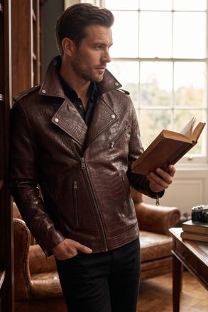 Infinity Leather Bruine koeienleer alligatorprint Imboss Biker Jas - Forge