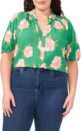 CeCe by Cynthia Steffe Floral Ruffle Neck Top in Medium Green at Nordstrom, Size 2 X