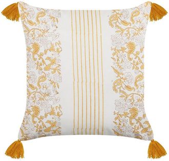 Beliani Coj&iacute;n De Algod&oacute;n Amarillo Mostaza Blanco 45 X 45 Cm Floral A Mano Cremallera Biloba