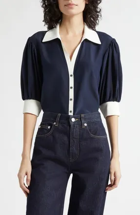 Cinq &agrave; Sept Weiley Silk Button-Up Shirt in Navy/Ivory at Nordstrom, Size X-Small