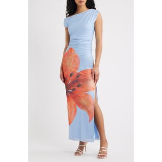 Line & Dot Avah Placed Floral One-Shoulder Mesh Maxi Dress in Blue/orange at Nordstrom, Size X-Small