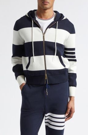 Thom Browne Hector Rugby Stripe Jacquard Zip Hoodie in Navy at Nordstrom, Size 5