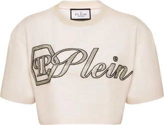 Philipp Plein Cropped T-Shirt Crystal Signature - Dames - T-shirts - Beige - XL - Katoen - Tops