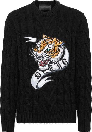 Philipp Plein Wool Blend Roundneck Tattoo - Heren - Ronde hals truien - Zwart - 3XL - Katoen - Truien & Vesten
