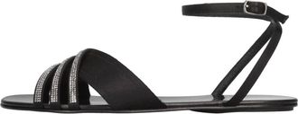 Pedro Garcia Satijnen platte sandalen met strass - Dames - Sandalen - Zwart - 38 EU - Satijn - Schoenen