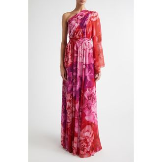 St. John Le Jardin Print Georgette One-Shoulder Gown in Cherry Pink /Peony Multi at Nordstrom, Size 10