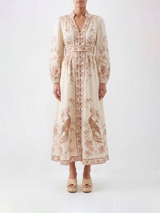 Zimmermann Abito chemisier midi in lino con stampa floreale e maniche a palloncino