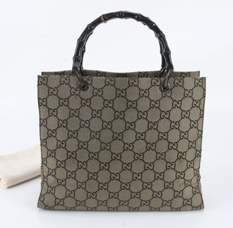 Gucci Beige Leather Nylon Handbag Tote Bag (Pre-Owned)