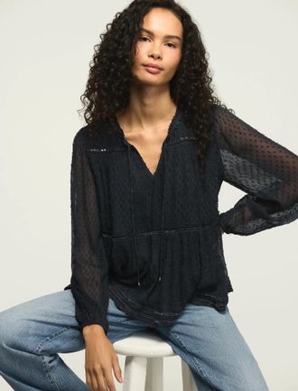 Lucky Brand Womens Clip Dot Long Sleeve Lace Top