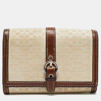 Coach Brown Signature Canvas And Leather Buckle Flap Wallet