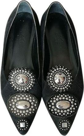 Hermès Black Embellished Suede Ballerinas Size 37