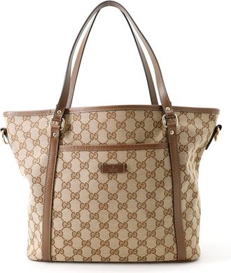 Gucci Gg Canvas Beige Brown Gg Canvas Leather Tote Bag (Pre-Owned)