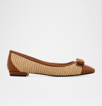Ferragamo Varina Raffia and Leather Ballerina Flats
