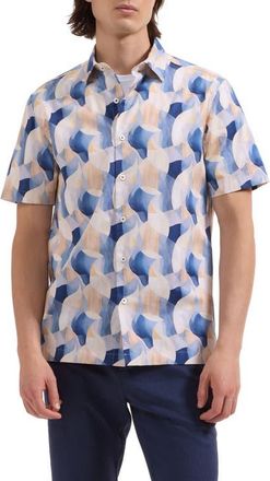 Bugatchi Vero Shaped Fit Abstract Print Short Sleeve Stretch Cotton Button-Up Shirt in Cobalt at Nordstrom, Size Xx-Large