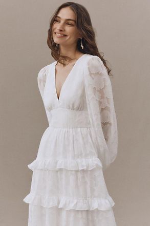BHLDN Long-Sleeve V-Neck Jacquard Maxi Dress