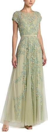 Mac Duggal Floral Embellished Short Sleeve Mesh Gown in Sage at Nordstrom, Size 16