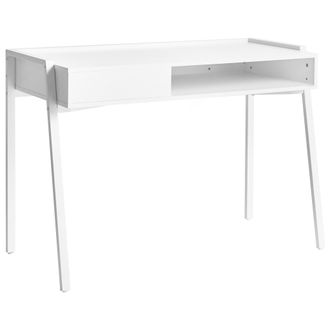 Beliani Escritorio Minimalista Oficina En Casa Con Estante Y Caj&oacute;n Tablero Aglomerado Patas De Hierro 107 X 48 Cm Blanco Kofoten